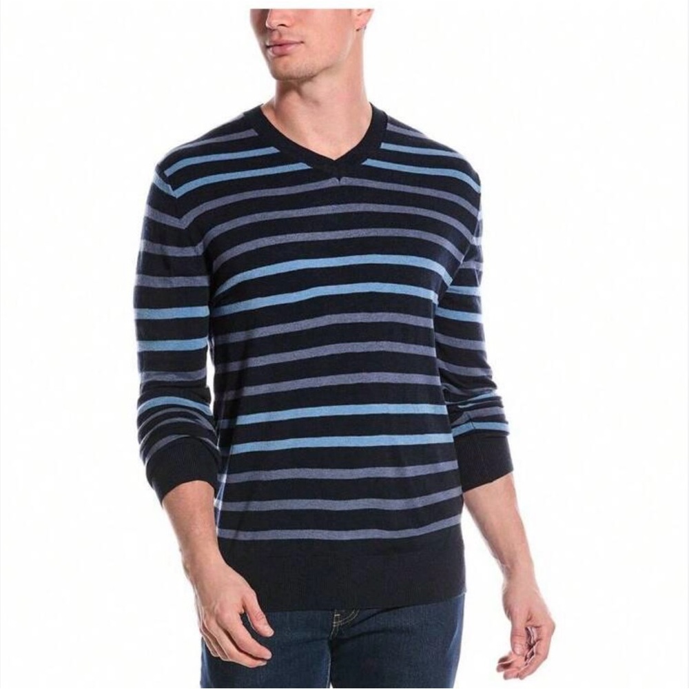 Clairborne men’s XXL blue/gray striped fine knit sweater 100%cotton‎ Long sleeve